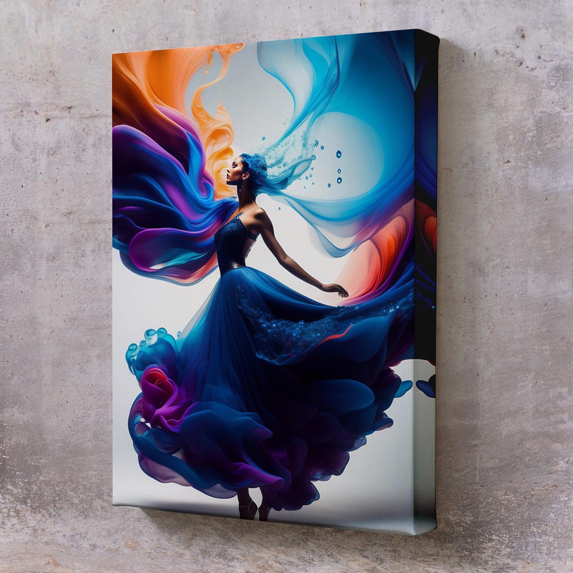 Elegant Dancer Blue Ink Gown Flowing Smoke Modern Feminine Art Print