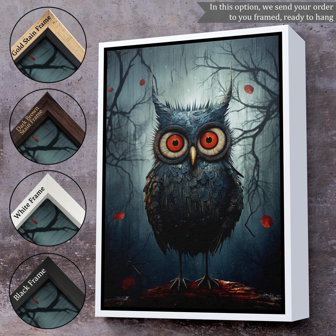 Whimsical Big Eyed Owl Misty Forest Quirky Dark Animal Art Poster - Image 3