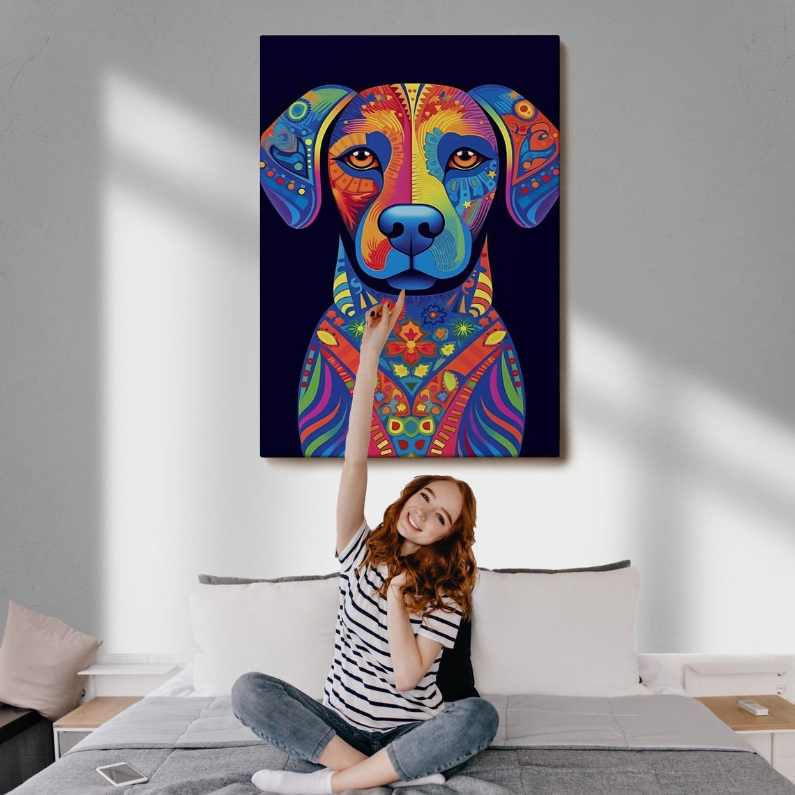 Colorful Mandala Style Dog Portrait On Black Background Wall Art Print - Image 3
