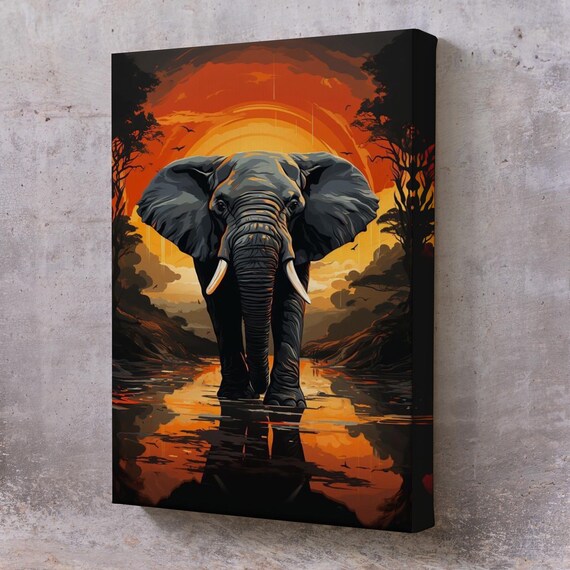 Elephant Walking Through Water At Fiery Orange Sunset Dramatic Wall Art