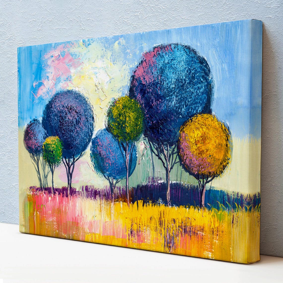Abstract Round Topped Trees Blue Purple Gold Textured Impasto Wall Art