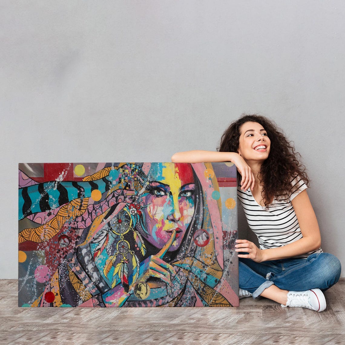 Pop Art Woman Face Dreamcatcher Feathers Colorful Portrait Wall Art - Image 4