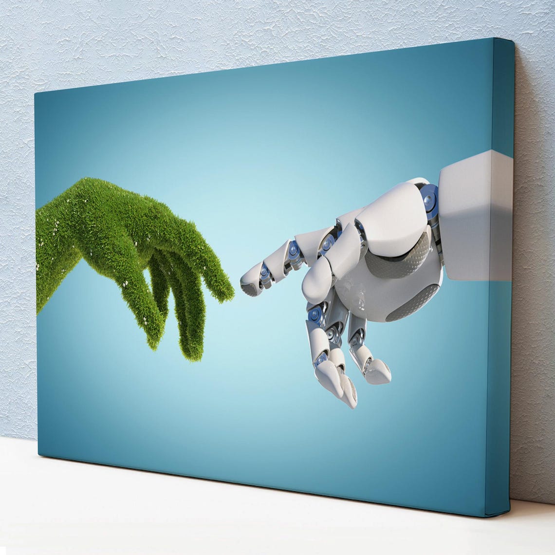 Green Nature Hand and Robot Hand Reaching Touch Abstract Poster
