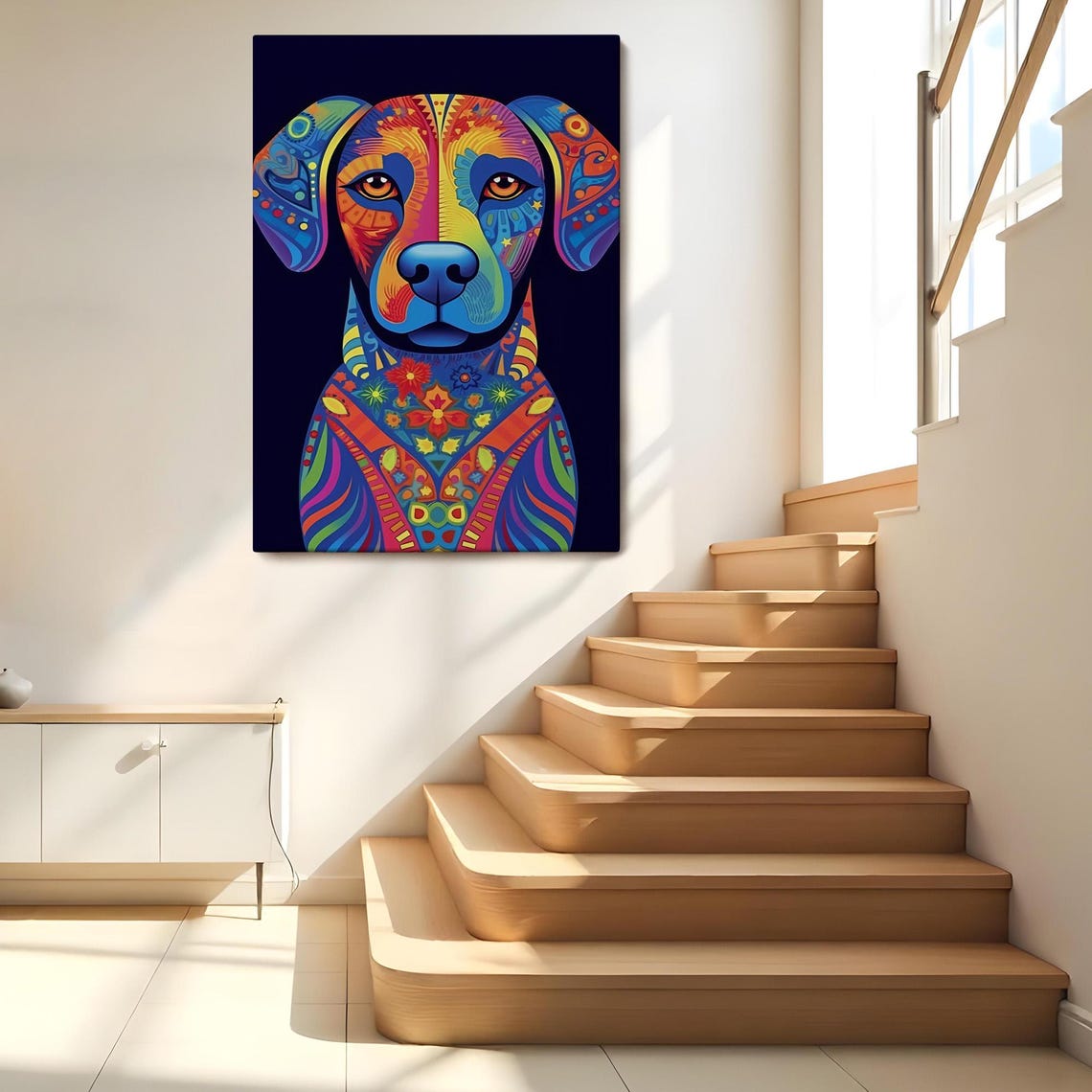 Colorful Mandala Style Dog Portrait On Black Background Wall Art Print - Image 2