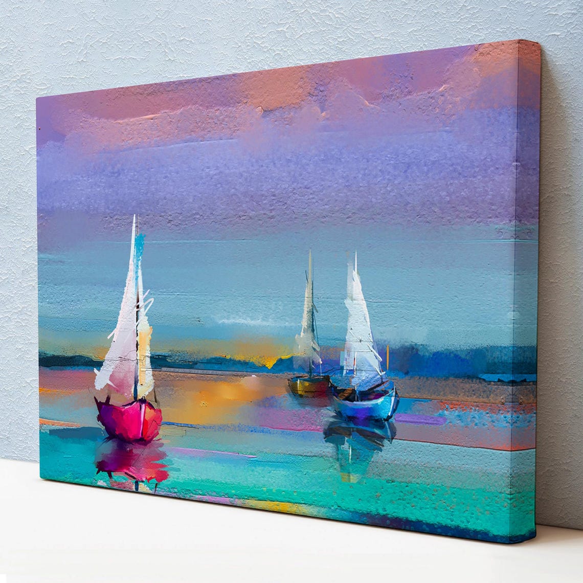 Three Colorful Sailboats Sunset Sky Vibrant Ocean Sailing Art Poster