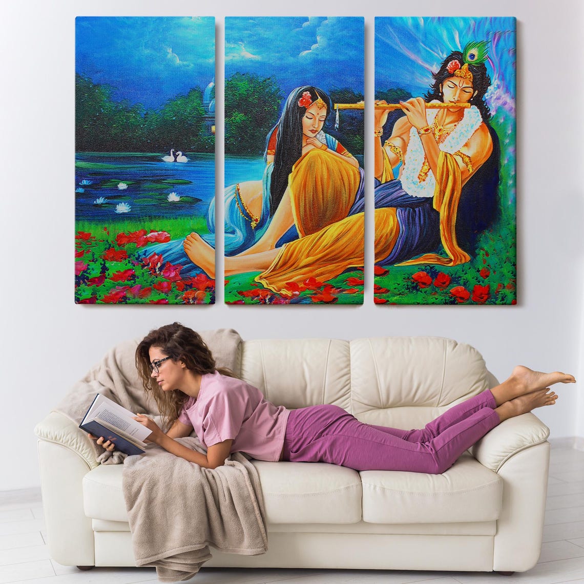 Radha Krishna By Lotus Lake Moonlit Night Indian Divine Love Poster - Image 3