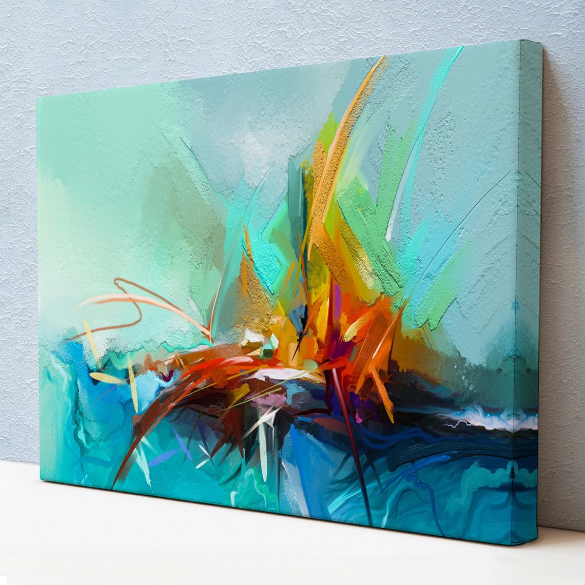 Teal Abstract Brushstrokes Warm Orange Yellow Modern Minimalist Poster