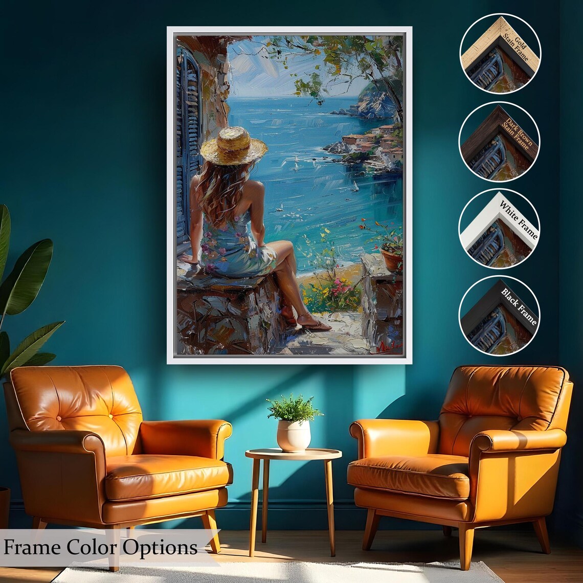 Woman Overlooking Bright Blue Mediterranean Bay Sailboats Village View Travel Poster - Image 2