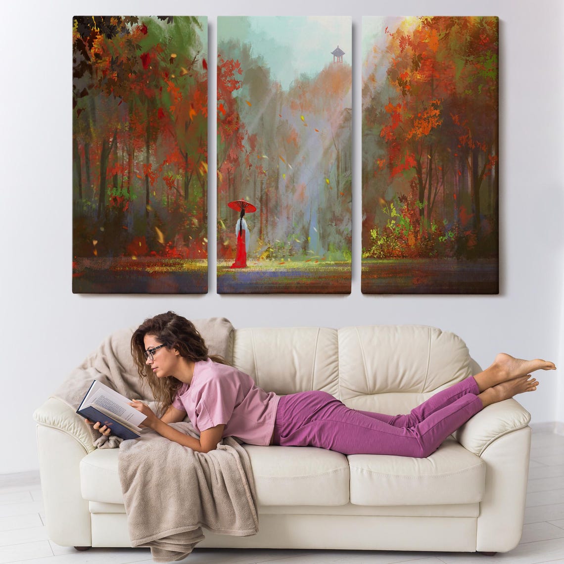 Woman Red Umbrella Misty Autumn Maple Forest Temple Hill Poster - Image 3