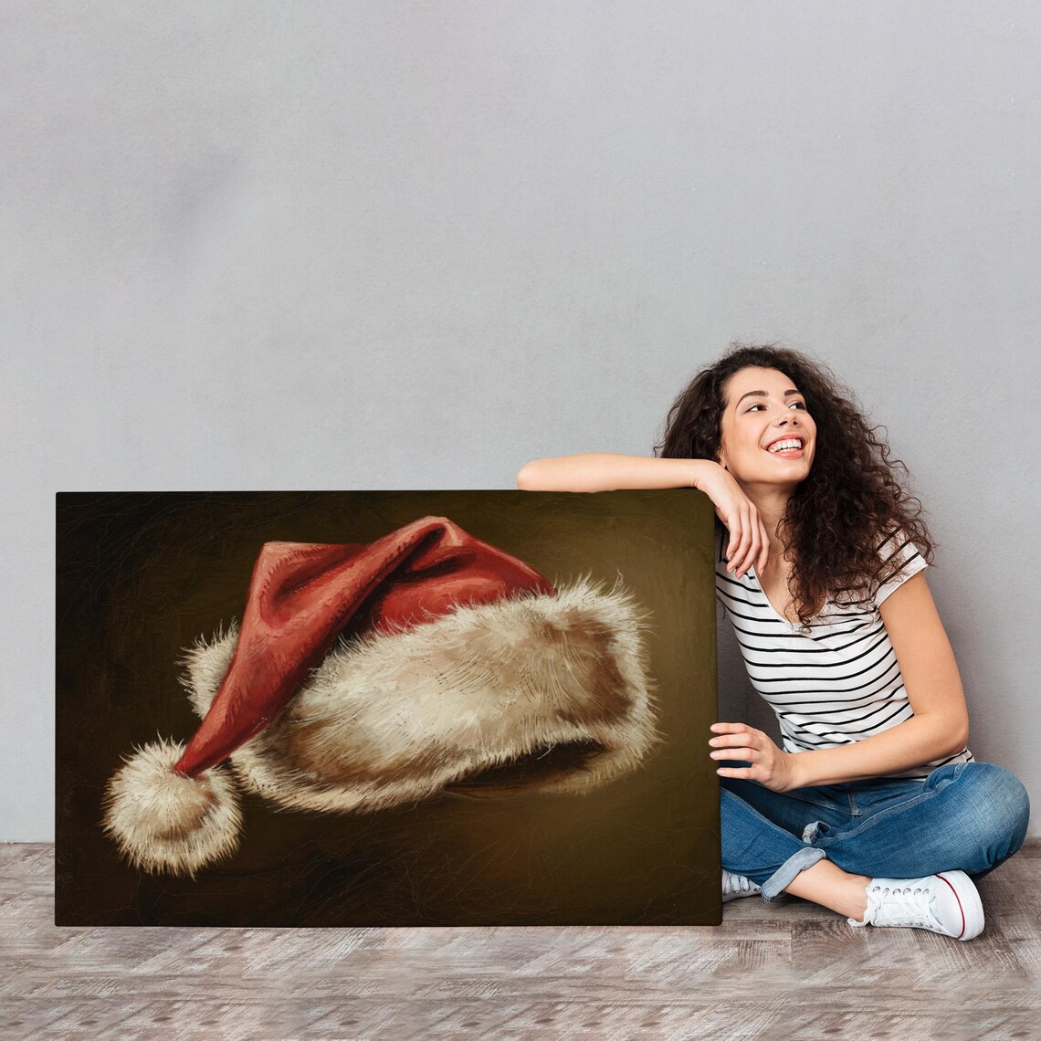 Vintage Santa Hat Still Life Oil Painting Dark Rustic Christmas Poster - Image 4