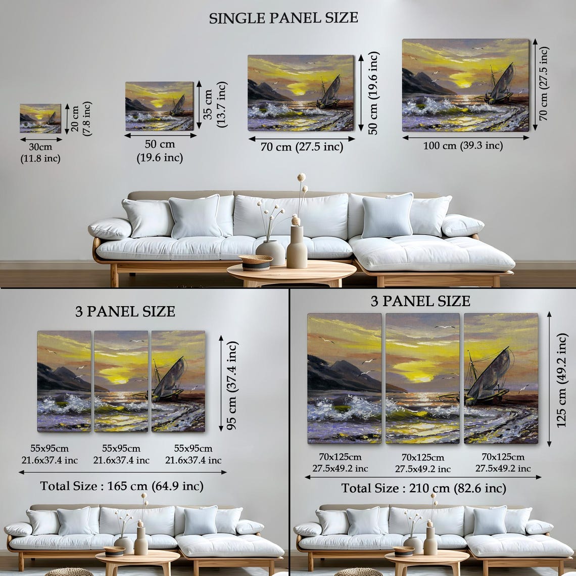 Sailboat Rolling Waves Beach Sunset Golden Sky Seagulls Seascape Art - Image 4