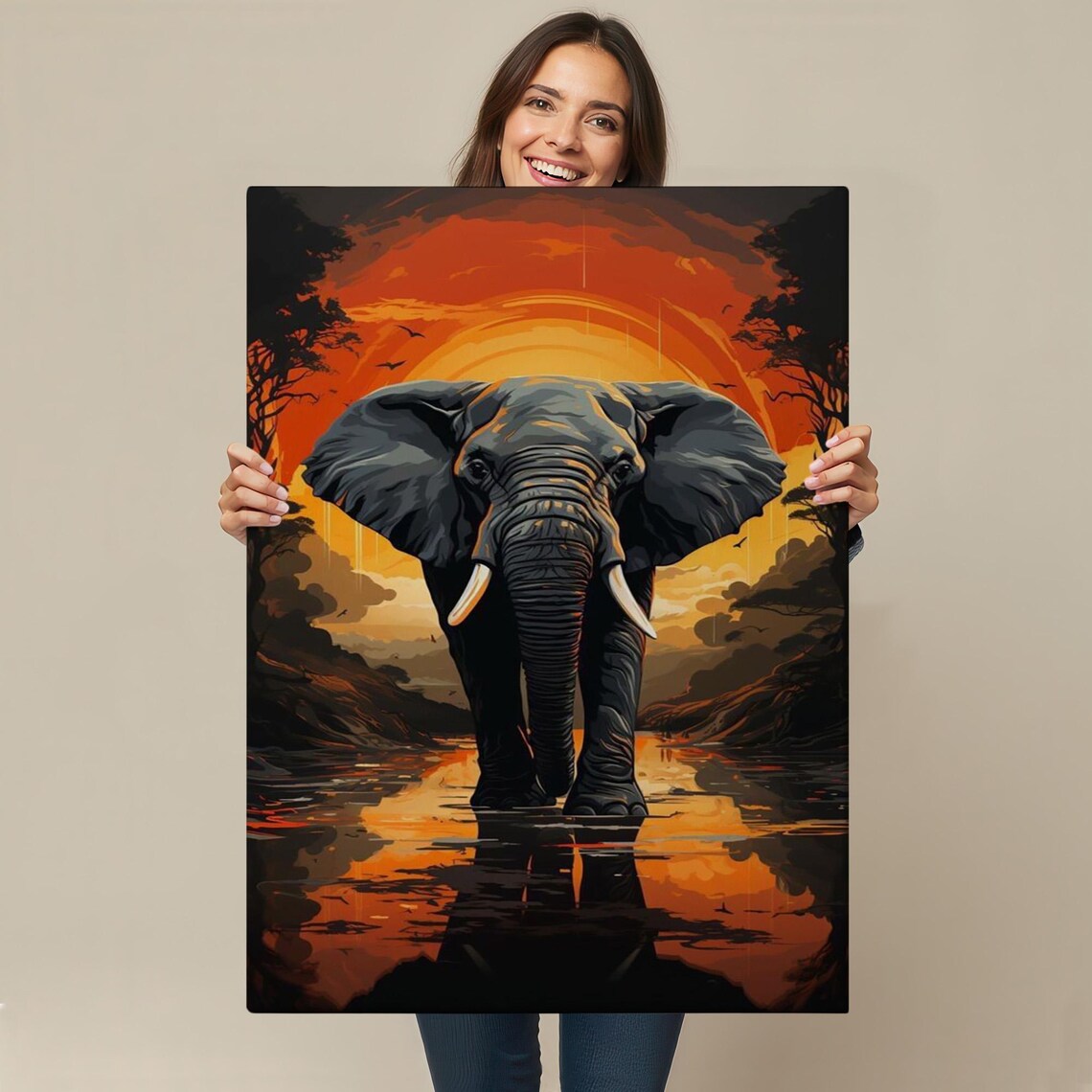 Elephant Walking Through Water At Fiery Orange Sunset Dramatic Wall Art - Image 4