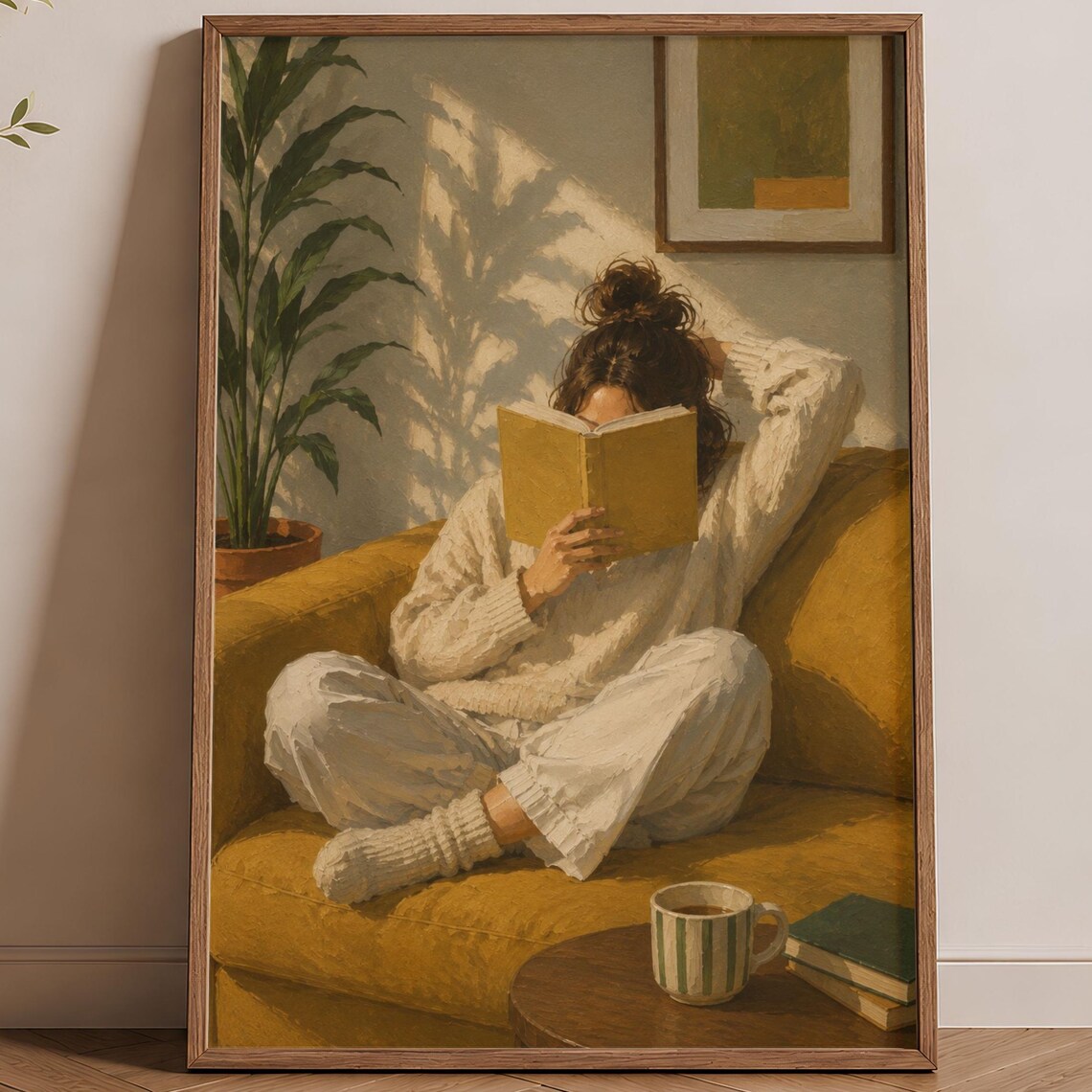Woman Reading Cozy Book Lover Warm Sunlit Living Room Art Poster