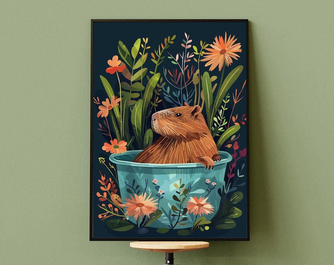 Capybara Floral Bathtub Poster With Boho Jungle Botanical Flowers - Image 4