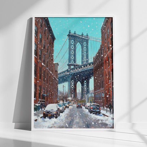 Manhattan Bridge Snowy Winter Street Scene New York City Art Poster