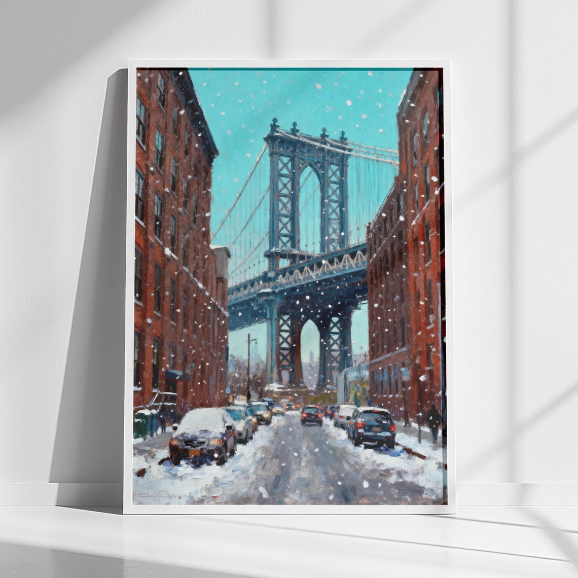 Manhattan Bridge Snowy Winter Street Scene New York City Art Poster