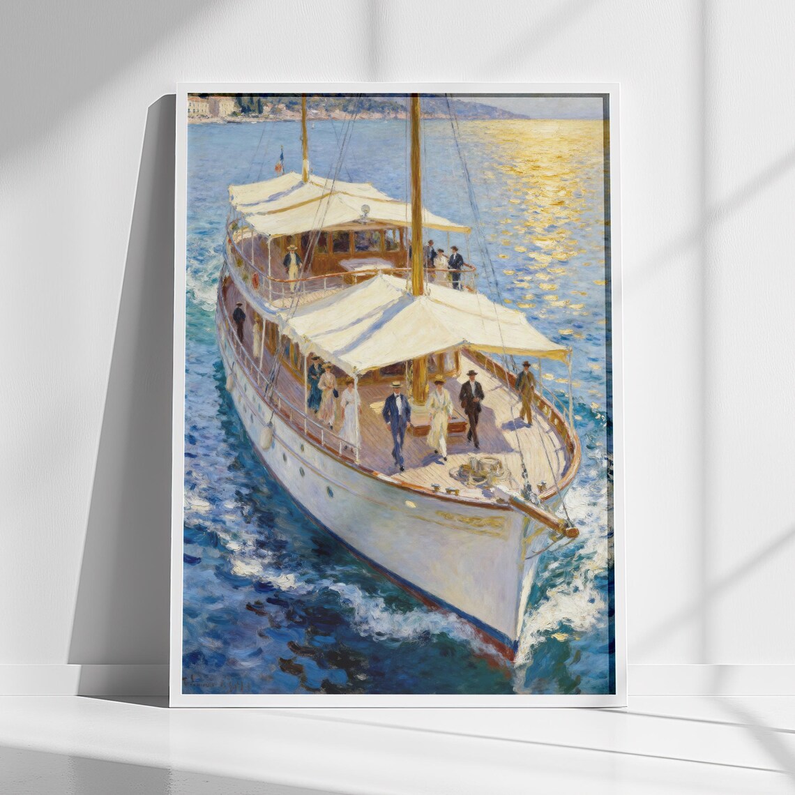 Vintage Luxury Steam Yacht Sunlit Sea Impressionist Art Poster