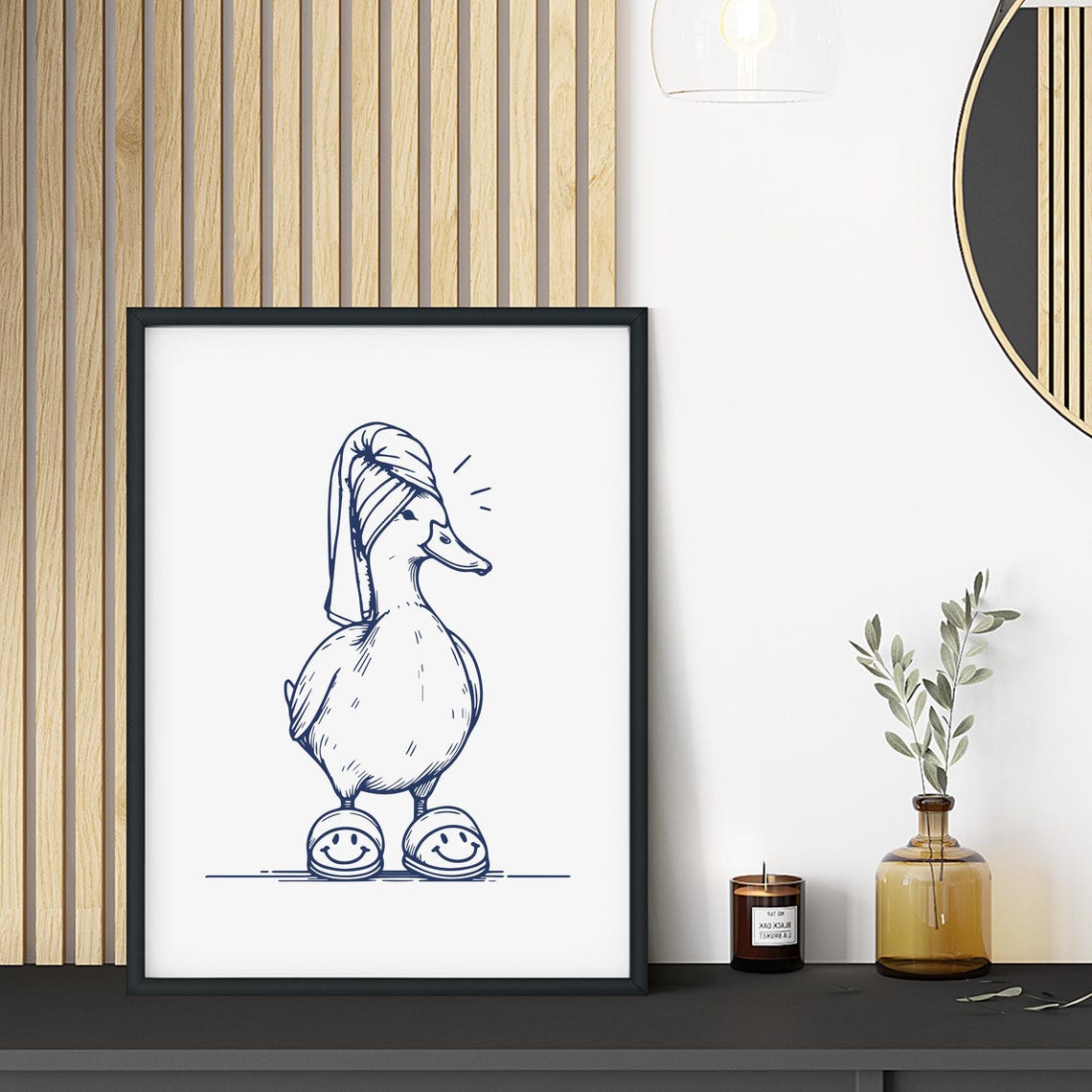 Spa Day Duck Towel Turban Smiley Slippers Minimalist Bathroom Poster
