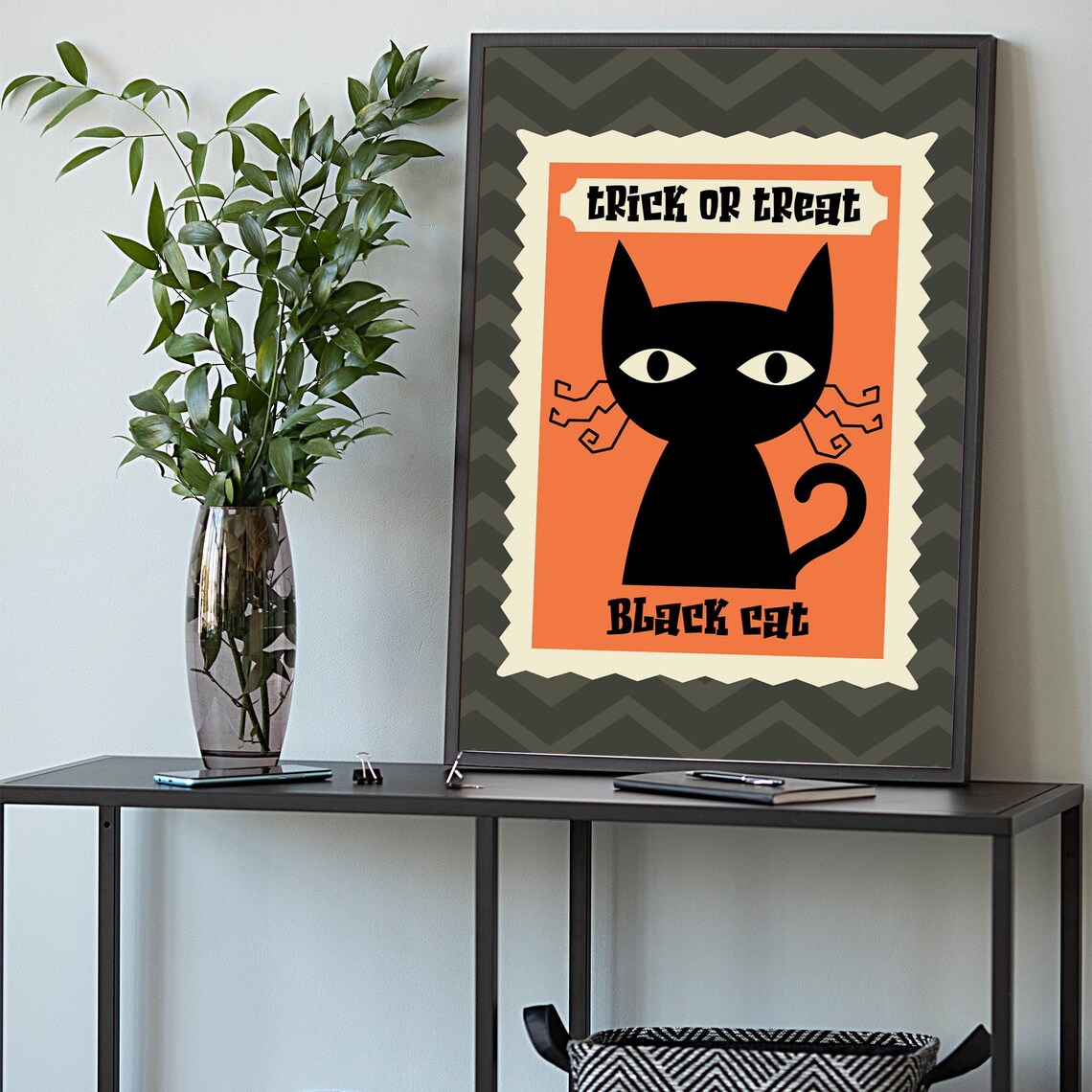 Trick Or Treat Black Cat Vintage Stamp Style Cute Halloween Art Poster