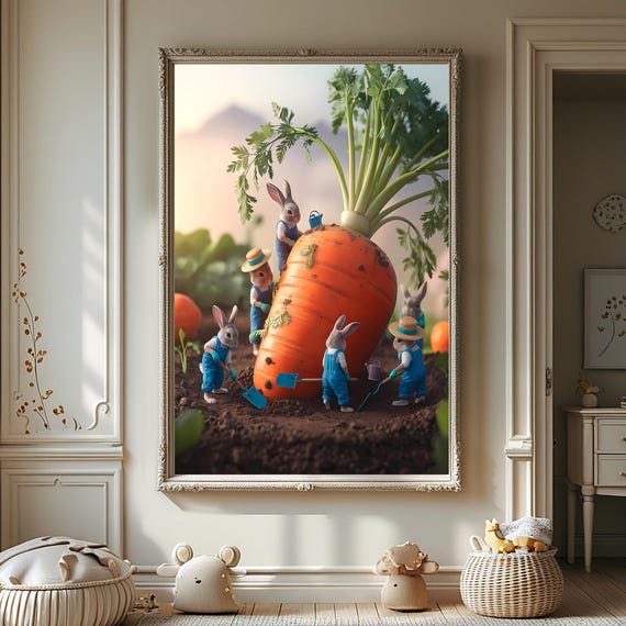 Farmer Bunny Easter Poster Miniature Rabbits Big Carrot Modern Retro Flower Wall Art Home Decor