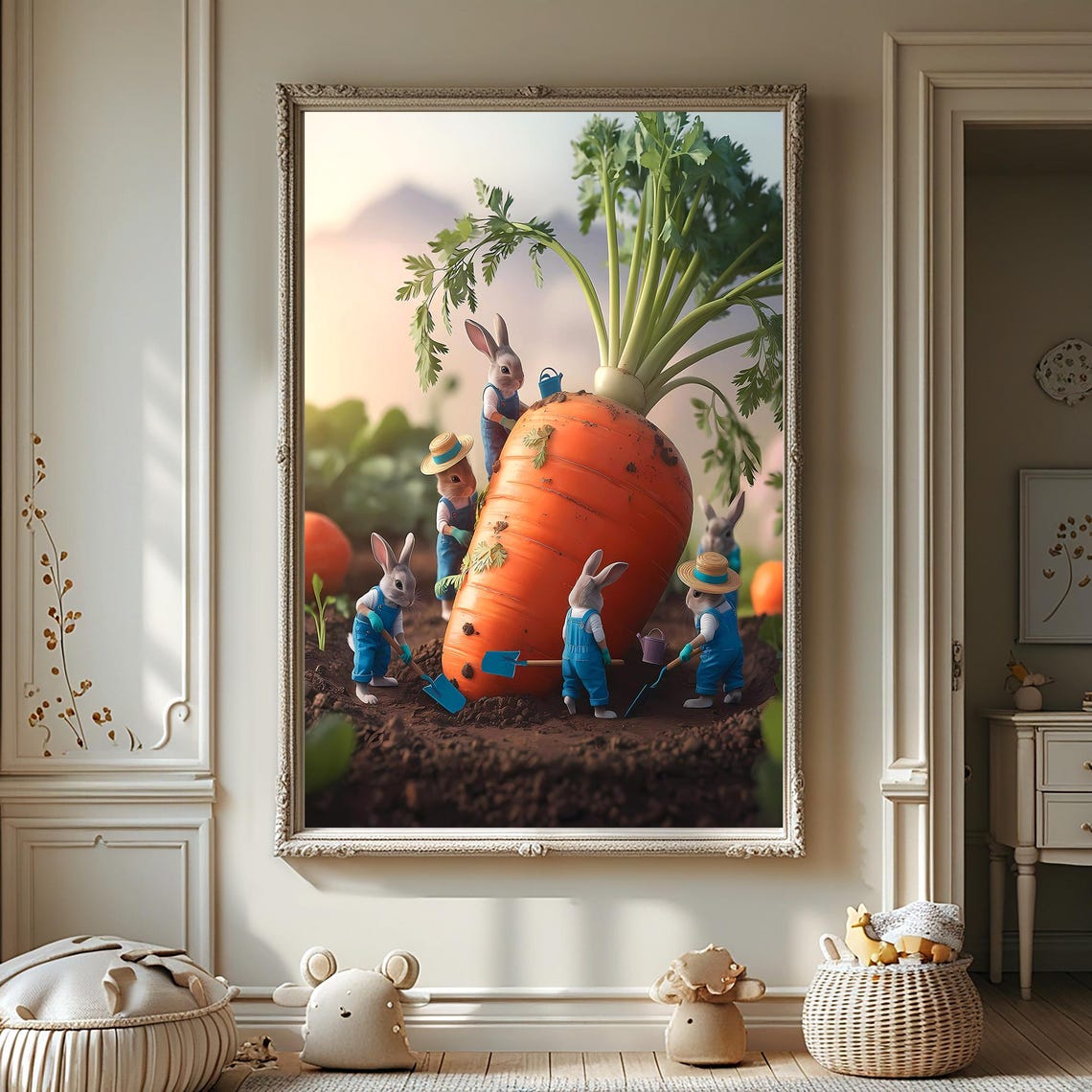 Farmer Bunny Easter Poster Miniature Rabbits Big Carrot Modern Retro Flower Wall Art Home Decor