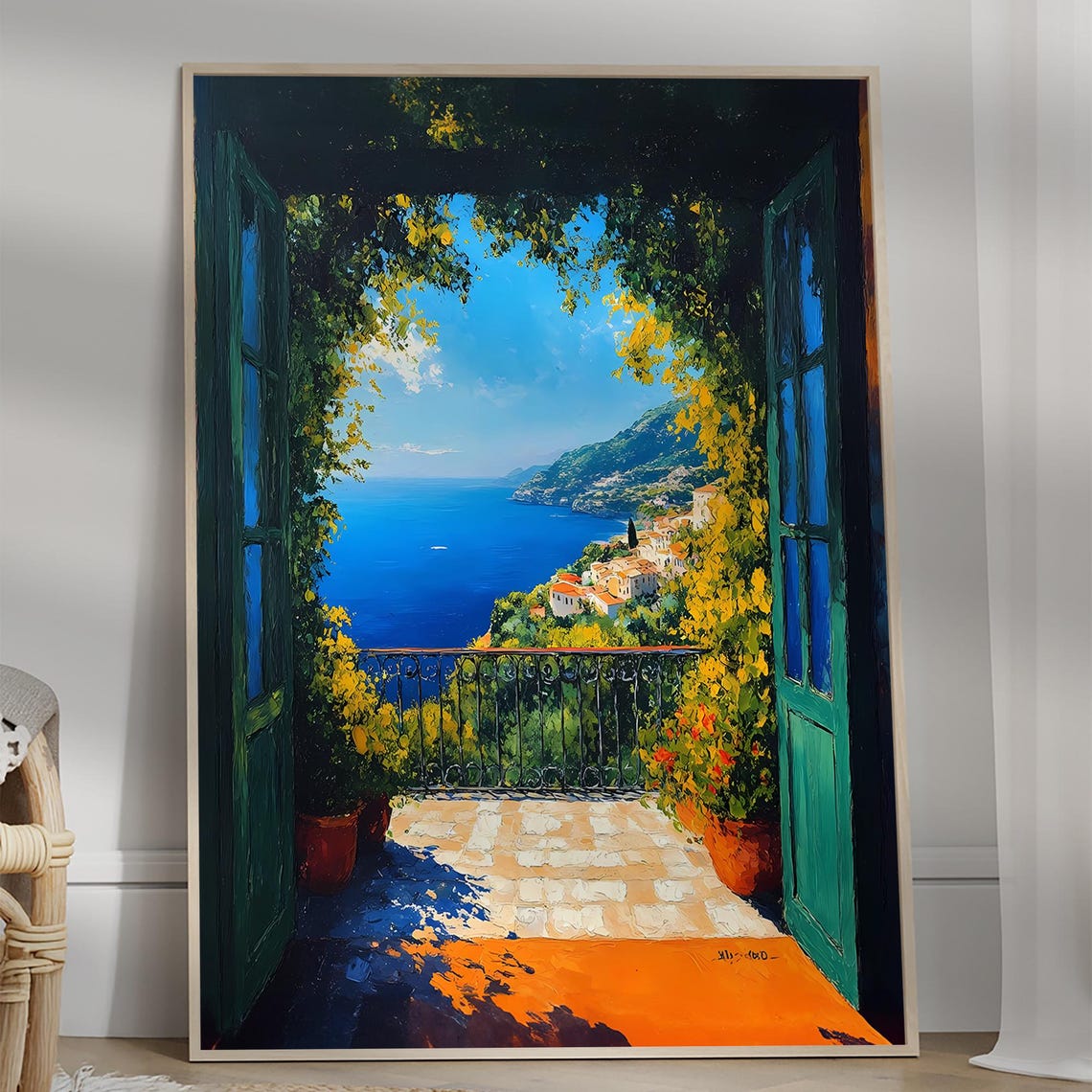 Mediterranean Coastal Town View Through Open Green Doors Art Print
