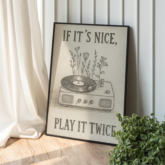 Music Bow Wall Art Play It Twice Record Player Poster Lover Gift Retro Groovy Vintage Exhibition French Trendy
