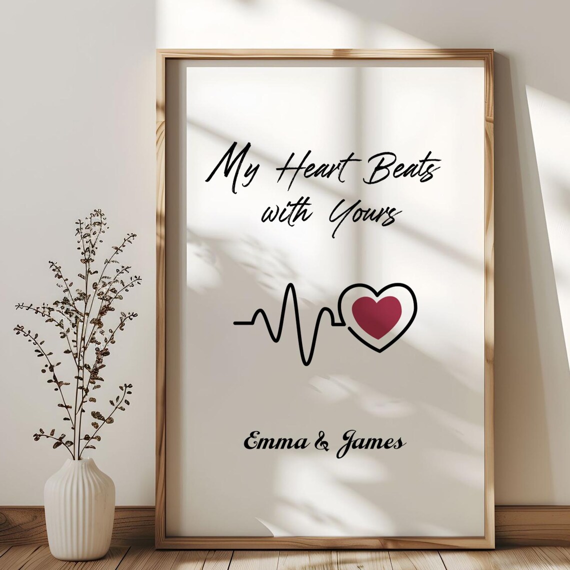 My Heart Beats with Yours Personalized Couple Names Romantic Gift Wall Art