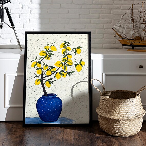 Lemon Branch in Blue Vase Italian Botanical Poster Boho Kitchen Art