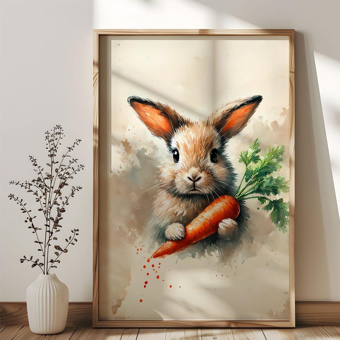 Watercolor Easter Bunny Carrot Poster Cute Rabbit Spring Nursery Decor