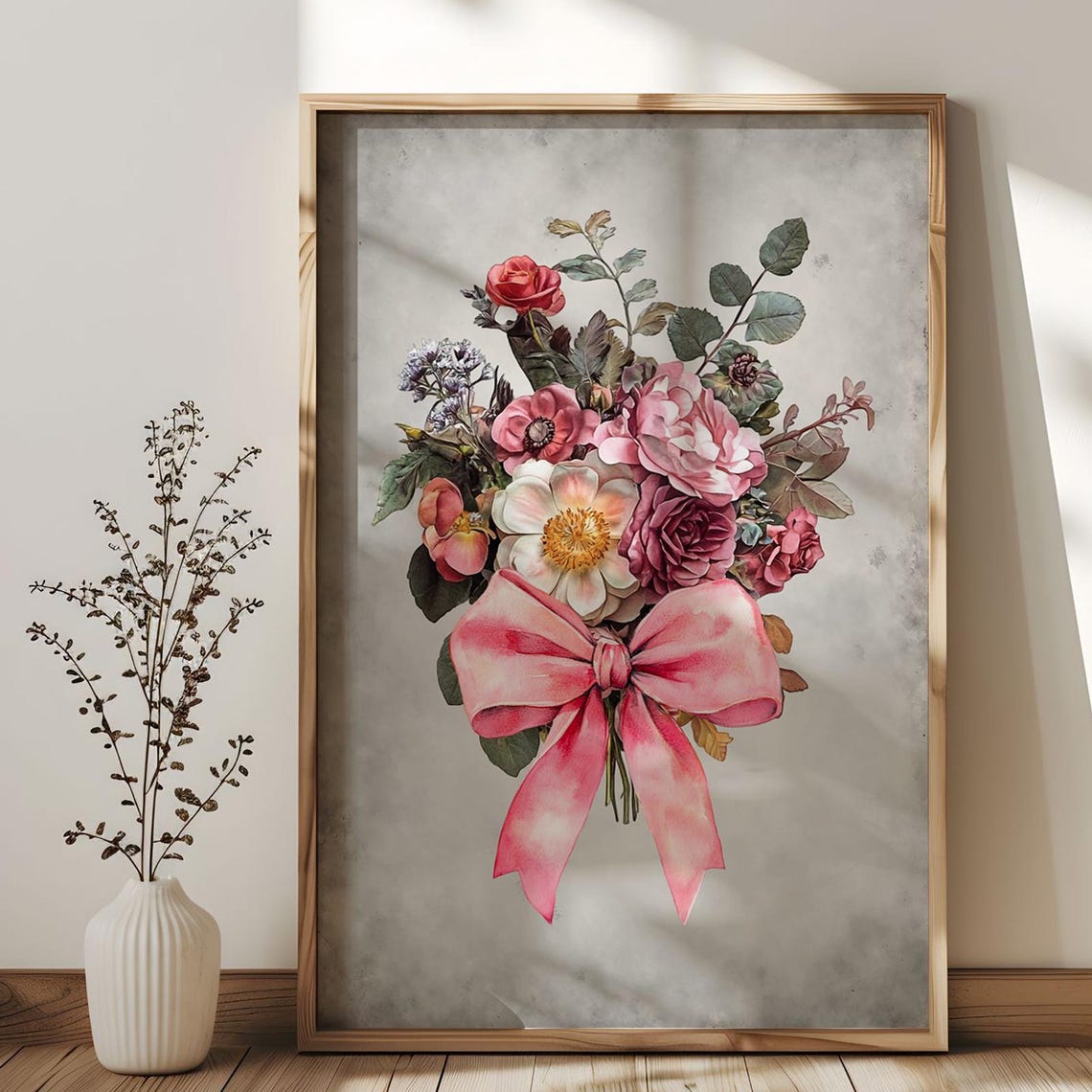 Pink Floral Bouquet With Big Bow Vintage Botanical Art Poster Roses