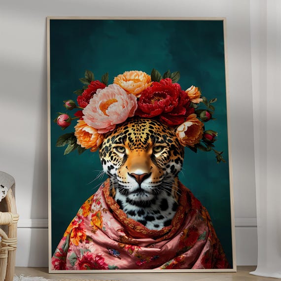 Maximalist Eclectic Fashionista Leopard Poster Bold Animal Portrait Oil Painting Fun Colourful Tiger Flowery Vintage Floral Art
