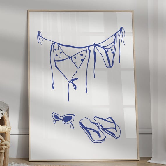 Navy Blue Bikini Wall Art Hand Drawn Hanging Poster Beach Illustration Trendy Decor Ocean Coastal Summer