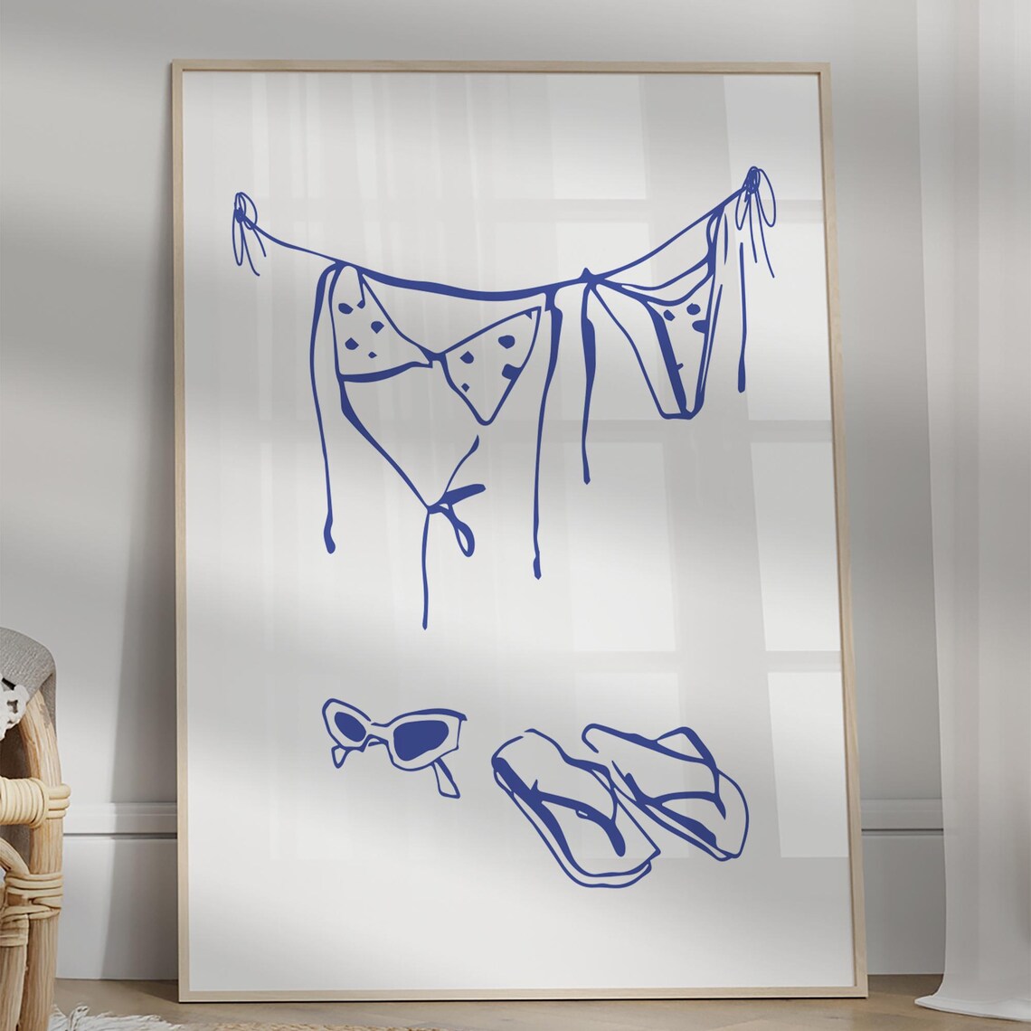Navy Bikini Line Art Hanging Swimsuit Sunglasses Flip Flops Summer Poster