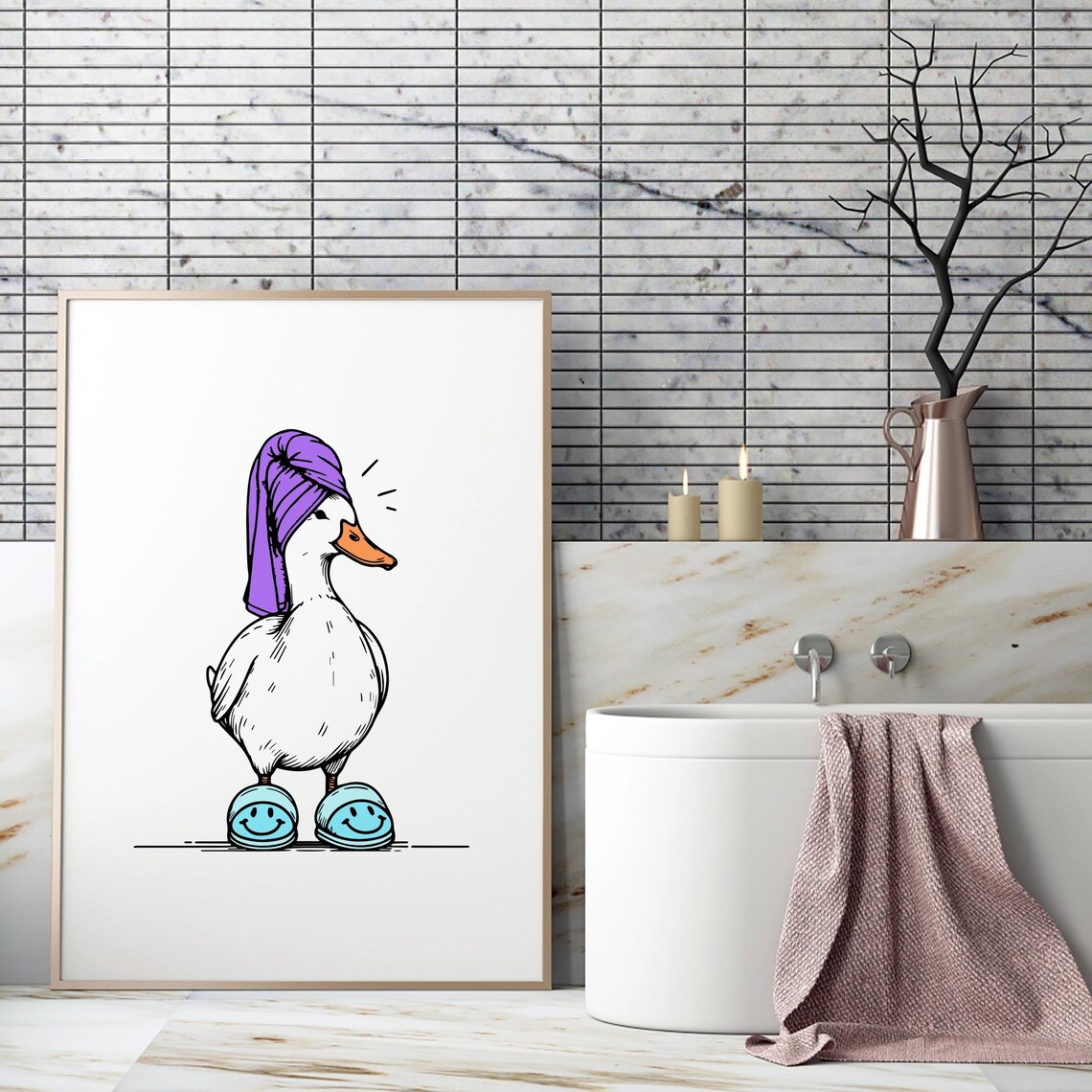 Funny Duck with Purple Towel Turban Blue Slippers Bathroom Poster