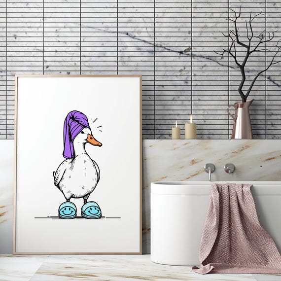 Cute Bathroom Duck Print Purple Blue Retro Wall Art In Towel Preppy Dorm Decor Funny It Girl Poster