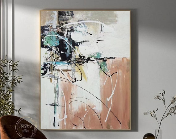 Large Beige Oil Painting Beige Wall Art Original Abstract Painting Line Abstract Painting White Minimalist Art Modern Oil Painting