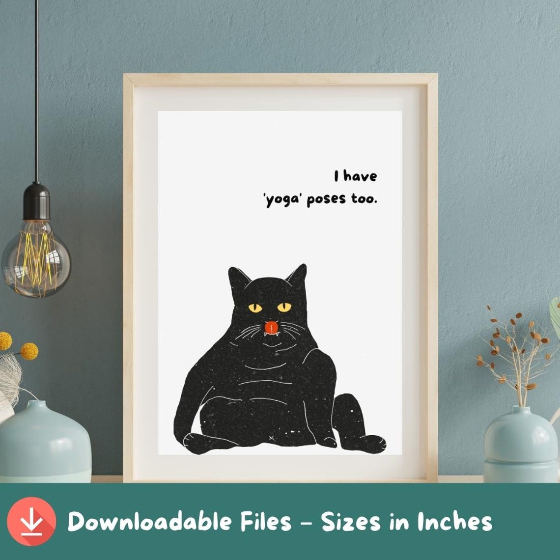 Funny Black Cat Yoga Print Humorous Chubby Animal Illustration A2a5 Sizes