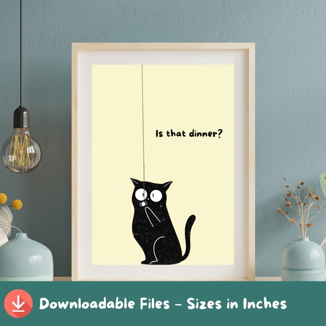 Is That Dinner Funny Black Cat Watching Dangling String Cute Yellow Poster