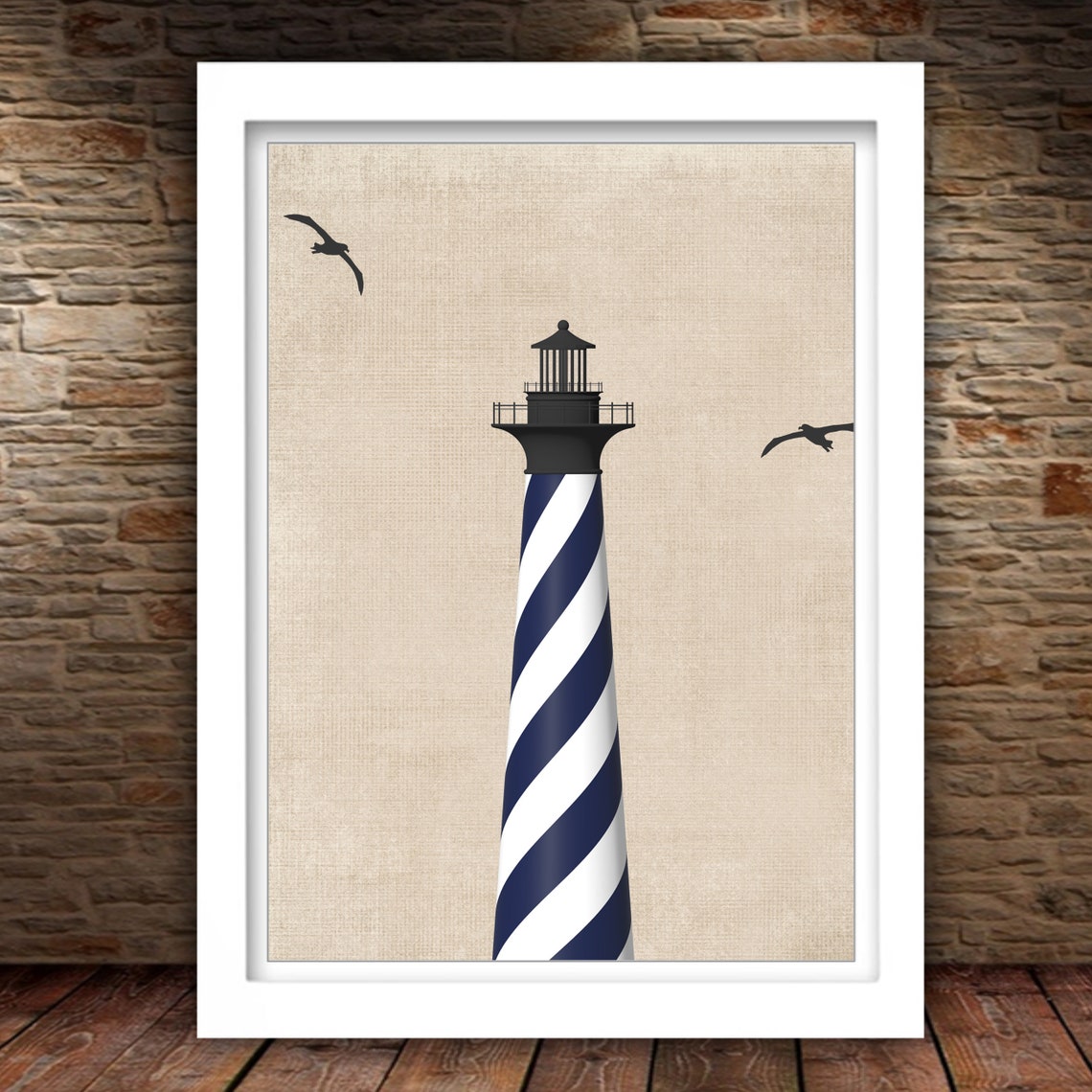 Navy Striped Lighthouse Seagulls Coastal Nautical Beach Art Poster - Image 2
