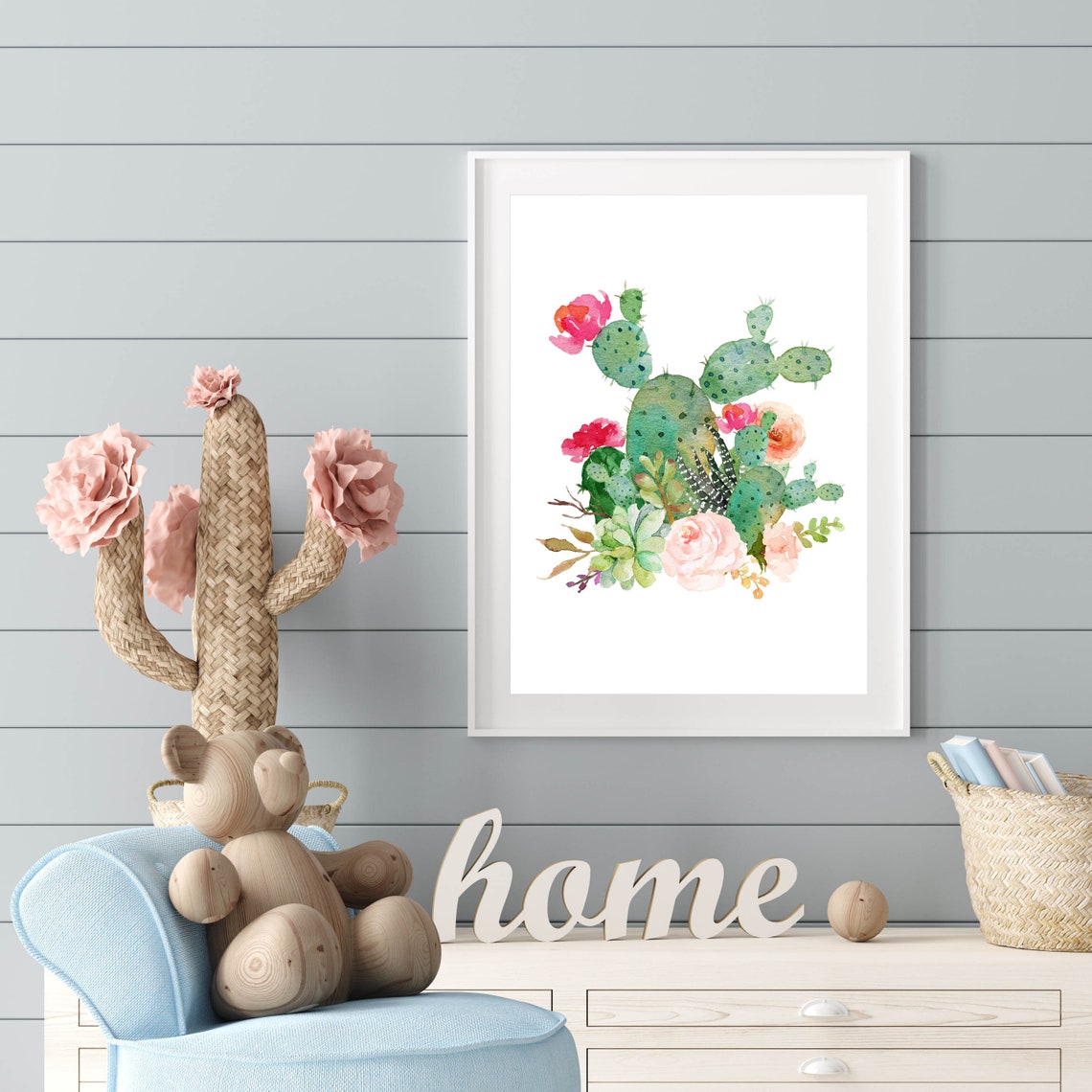 Watercolor Cactus Succulent Floral Bouquet Southwestern Bloom Wall Art - Image 2