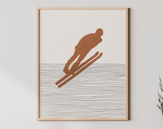 Minimalist Ski Jumper Silhouette Terracotta Boho Winter Sports Poster