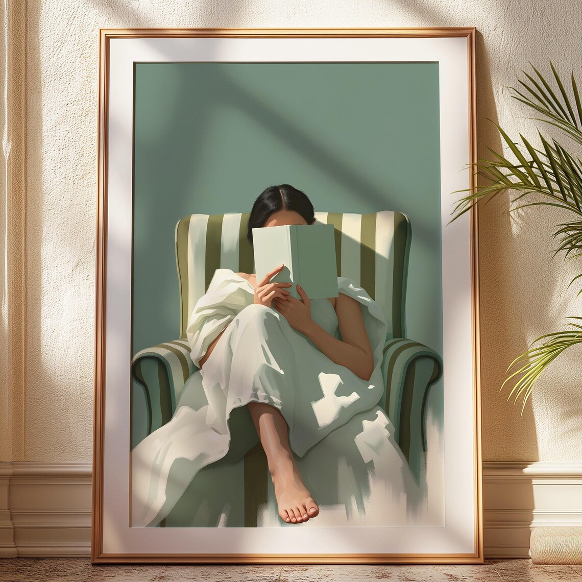 Woman Reading In A Striped Armchair Sage Green Minimalist Art Poster