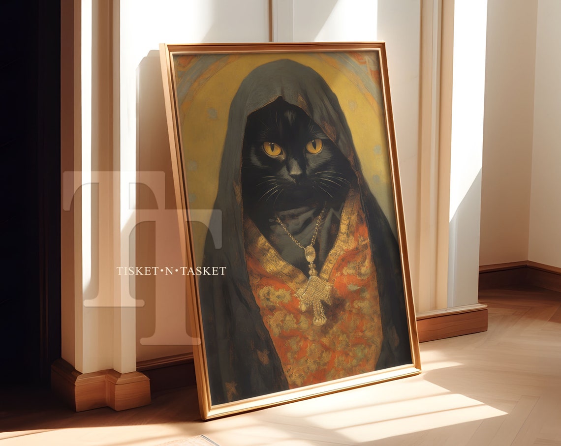 Black Cat Wearing Veil Vintage Style Oil Painting Portrait Wall Art
