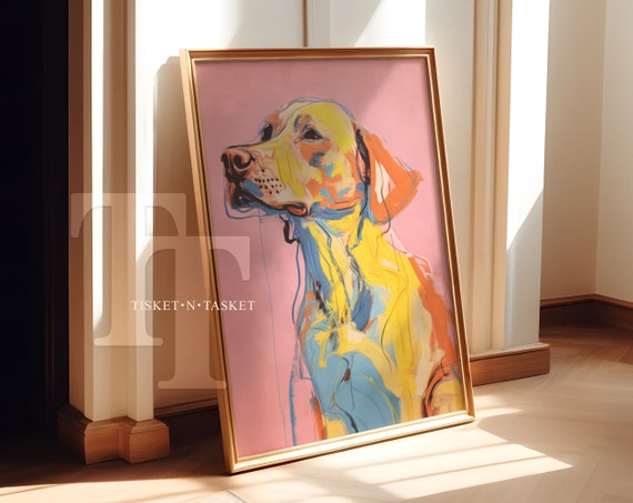 Colorful Abstract Dog Painting Pink Yellow Orange Blue Puppy Wall Art