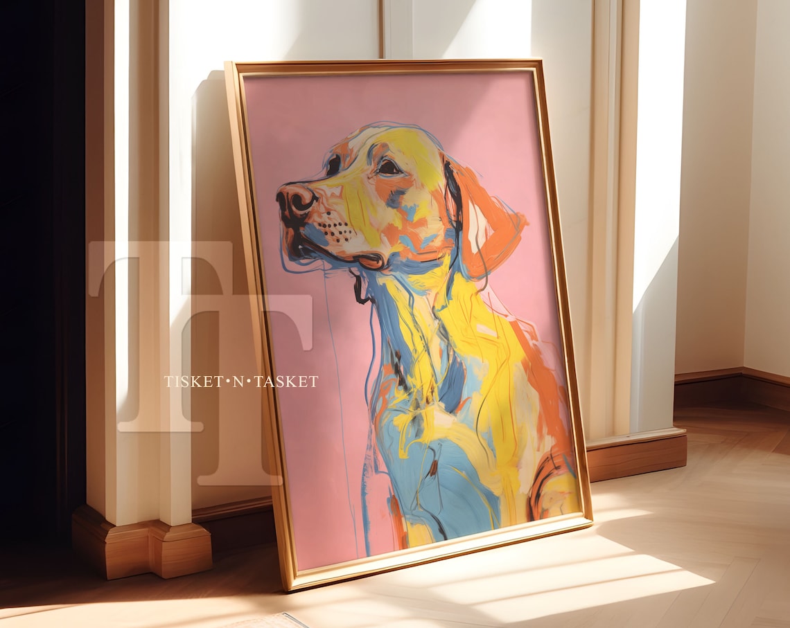 Colorful Abstract Dog Painting Pink Yellow Blue Pop Art Style Puppy Portrait Poster