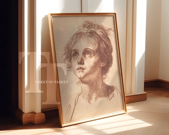 Vintage Drawing Of A Girl Looking Up With Hope 1700s Red Chalk Female Portrait Jeanbaptiste Greuze Wall Art