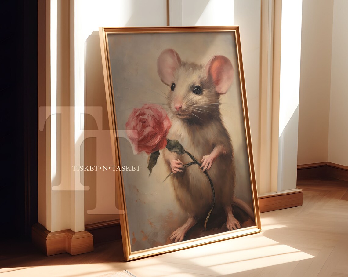 Cute Mouse Holding Pink Rose Sweet Animal Oil Painting Art Print
