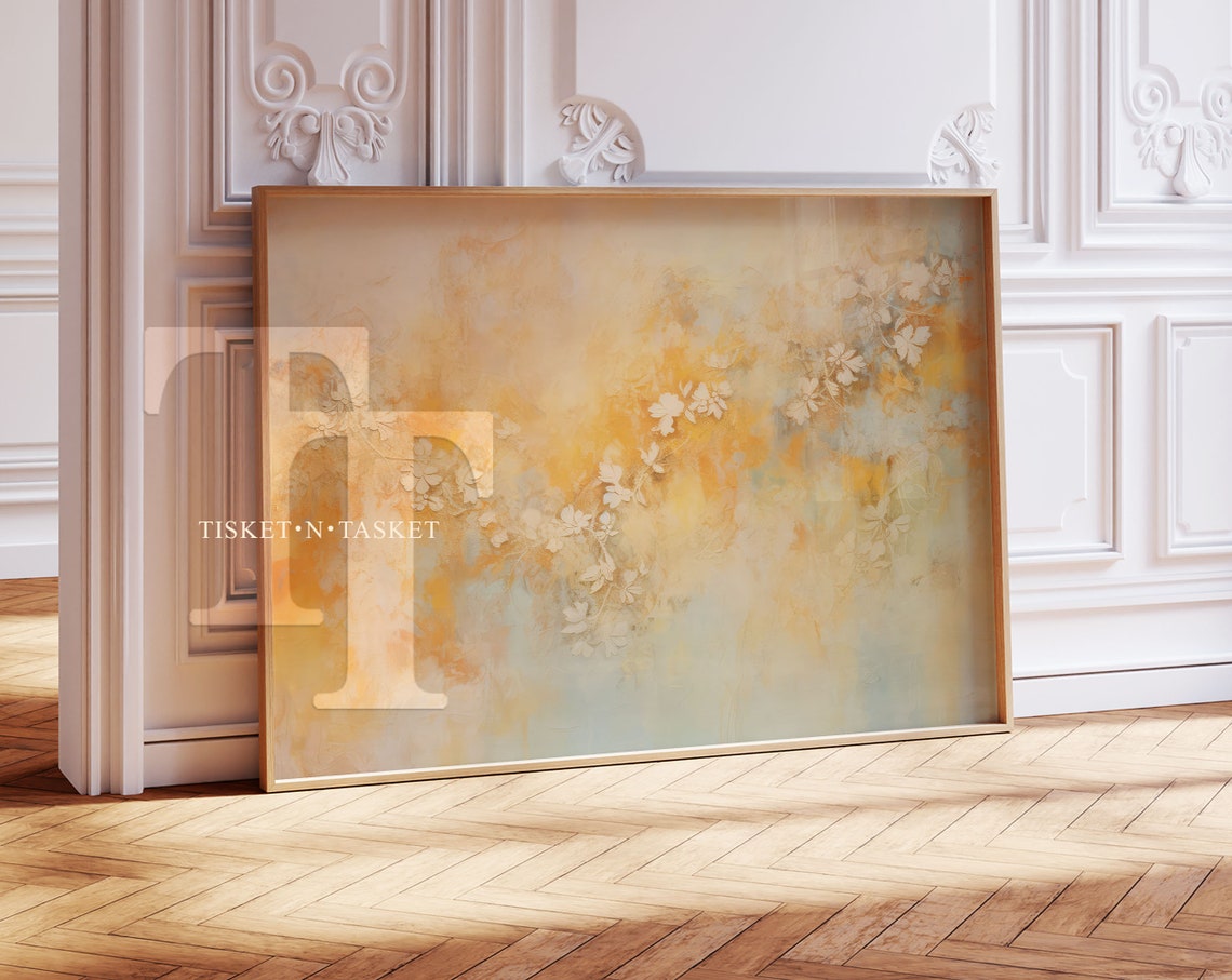 Abstract Neutral Yellow Beige Rustic Flowers Painting Modern Wall Art