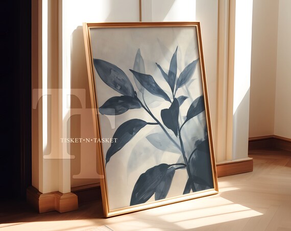 Simple Navy And Blue Botanical Painting Of Leaves Still Life Wall Art